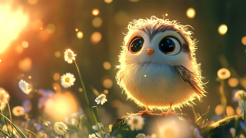 Adorable fluffy owl with big eyes in dreamy, glowing meadow.