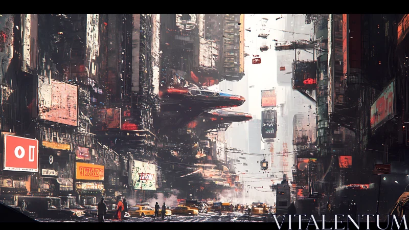 Crowded cyberpunk city street with flying and ground traffic.