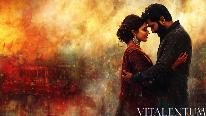 Man and woman in traditional dress against fiery cityscape backdrop