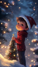 Young boy decorating outdoor Christmas tree in snow.