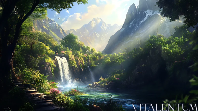 Sunlit alpine waterfall glows amid volumetric forest haze
