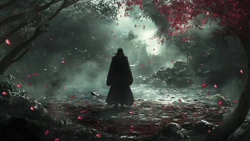 Midnight wanderer pauses in a misty forest of falling petals