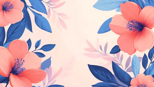 Coral Blooms Against Navy Foliage. Digital Botanical Illustration.