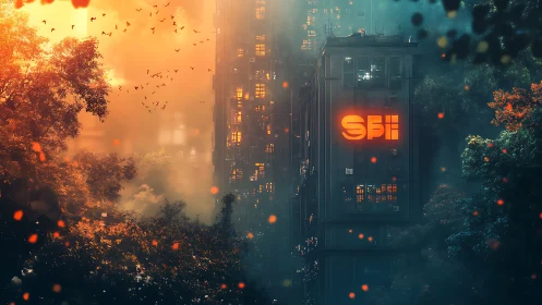 Neon corporate tower glows through dense misty forest