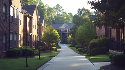 Sunlit brick apartment walkway with landscaped suburban greenery