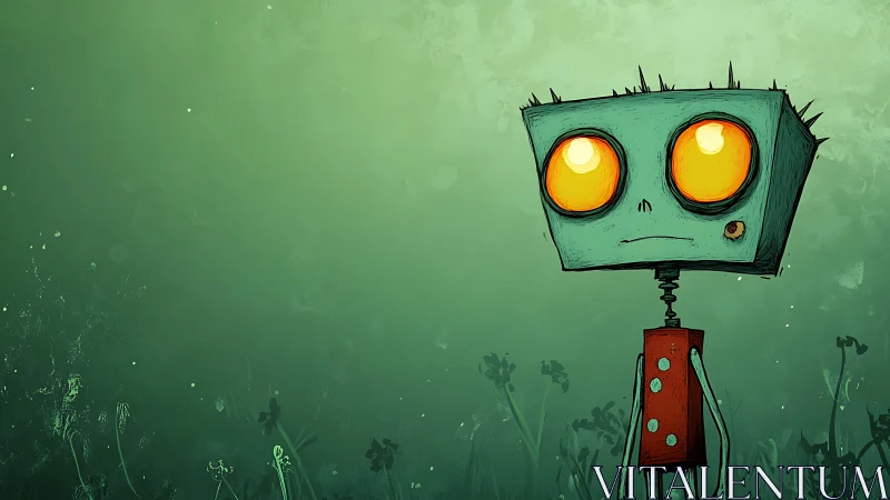 Melancholic box-headed robot studies a misty green field