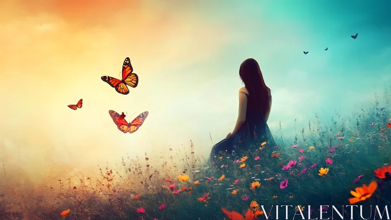 Girl in twilight meadow watches drifting orange butterflies.