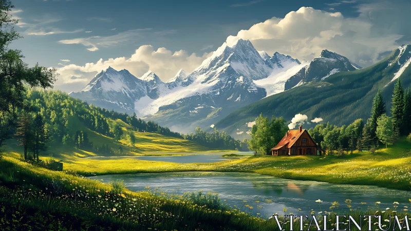 Idyllic alpine cabin by reflective lake under snow peaks.