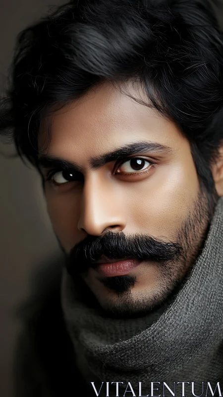 Close portrait of man with mustache and intense gaze.