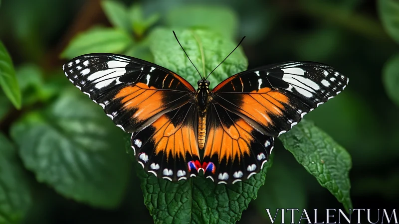 Gentle garden butterfly resting on lush green leaves.