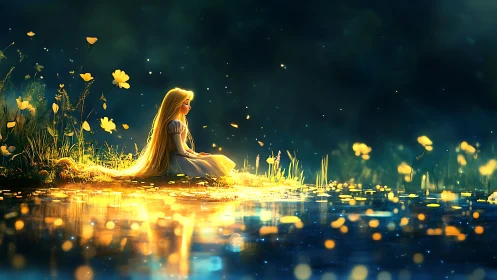 Golden haired dreamer by a firefly river of twilight wonder.