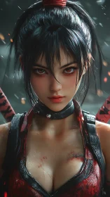 Battle-hardened warrior stands in rain with fiery gaze.