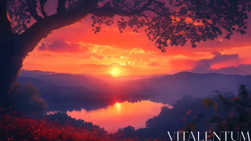 Sunset paints the valley lake in molten tangerine light