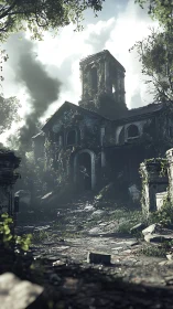 Ivy-draped ruin whispers through shafts of haunted daylight.