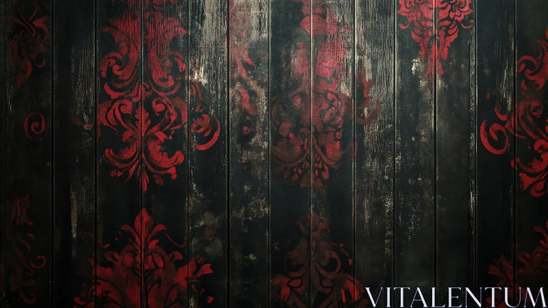 Crimson baroque flourishes on shadowed wooden panels glow darkly.
