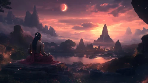 Moonlit seer beholds temple spires across a dreamlit river.