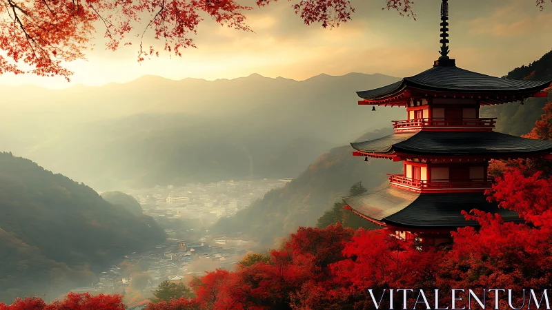 Digital painting of autumn pagoda above misty mountain valley.