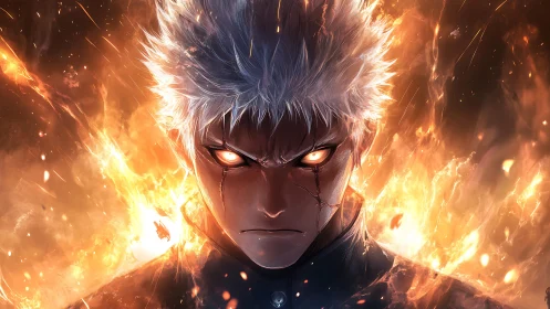 White haired anime figure with glowing eyes amid firestorm.