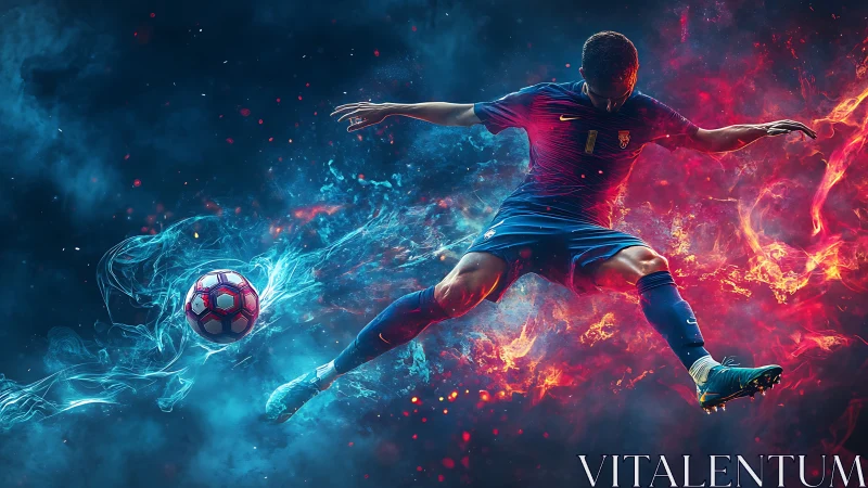 Dynamic soccer kick framed by dual-color energy particle trails