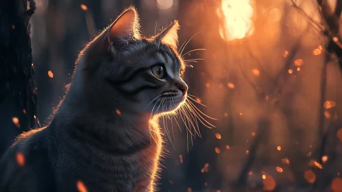 Majestic Cat Glowing in Magical Firelight