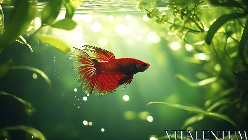 Scarlet betta fish glides through luminous aquatic foliage.