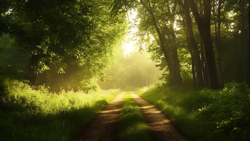 Sunlit forest path with lush greenery in a tranquil morning scene.