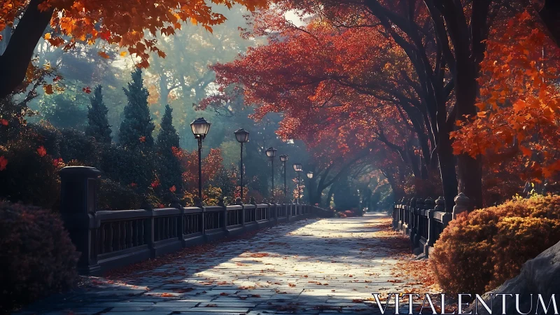 Autumn tree tunnel over stone path with vintage lamps.