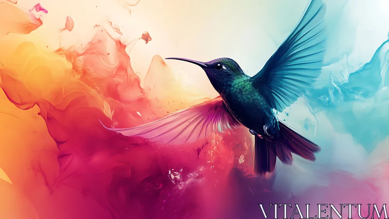 Iridescent hummingbird in vivid abstract fluid color field.