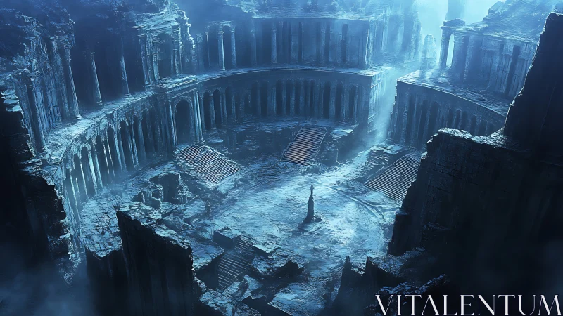 Lone figure in vast ancient circular stone ruins at dusk