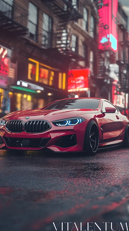 Red sports coupe under neon lights on wet city street.