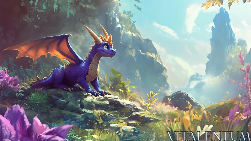 Young purple dragon rests in a sunlit fantasy valley.