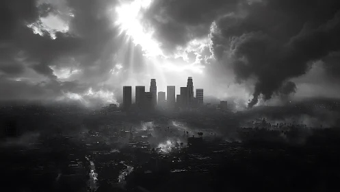 Monochrome city skyline beneath dense storm cloud cover.