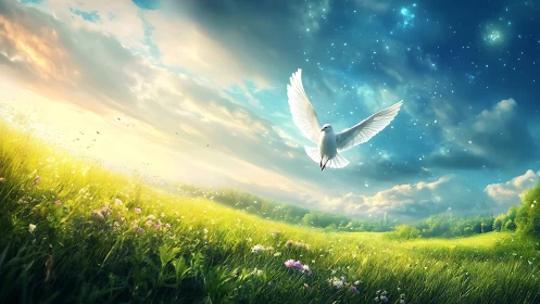 White bird flies over illuminated meadow under sky gradient