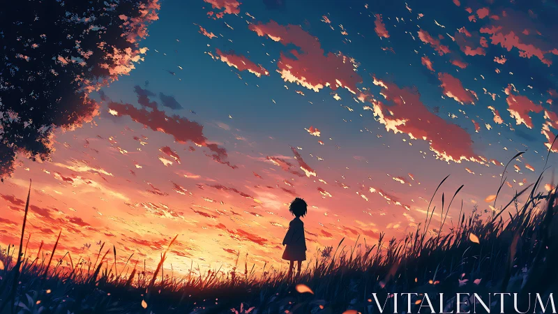 Silhouetted child in grassy field under vivid sunset sky.