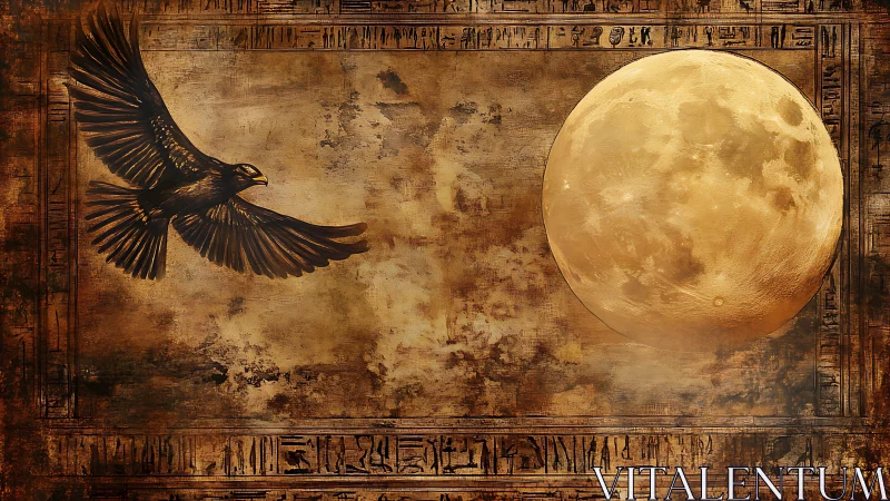 Corvid lunar transit within archaic hieroglyphic frame plane.