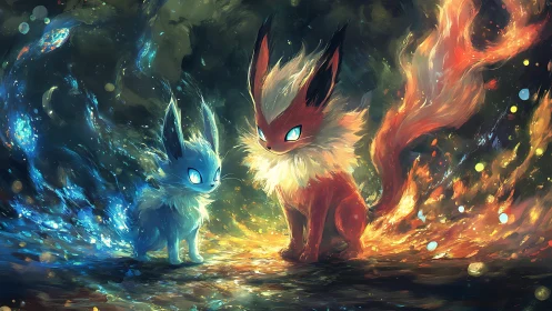 Bipolar elemental fox creatures rendered in high-energy brushwork