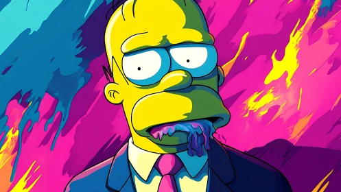 Vivid cartoon man in a suit stands before wild neon colors