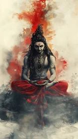 Meditating ascetic figure with red robes and smoky aura.