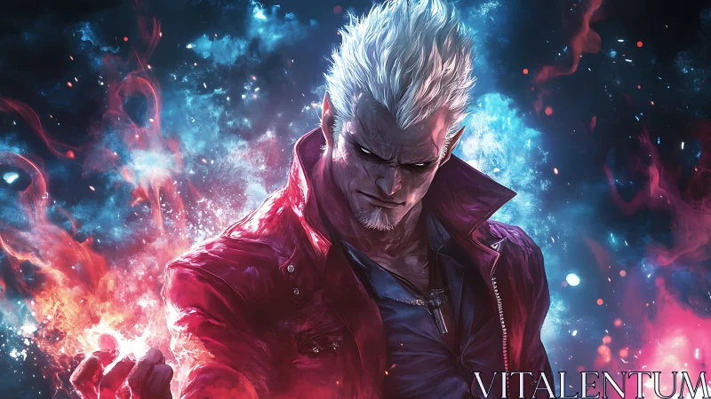 Storm-lit antihero stands in swirling red and blue flames