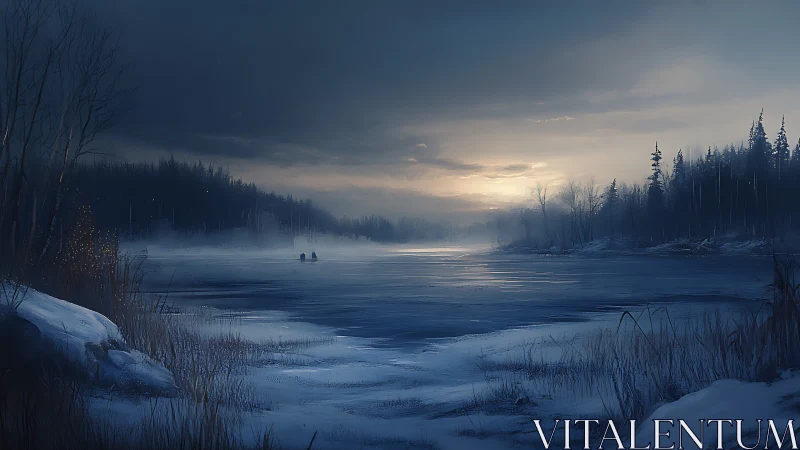 Soft winter lake at dusk with quiet forest silhouettes.