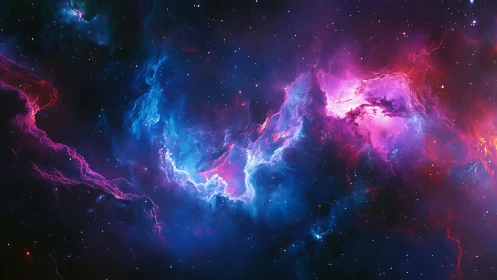 Radiant cosmic nebula glows in swirling pink and blue light