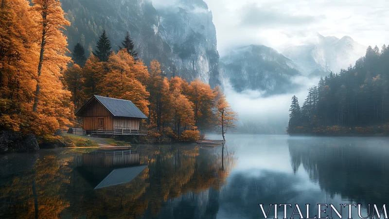 Lakeside autumn cabin resting in misty mountain calm.