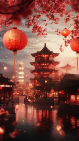 Lantern‑lit pagoda waterfront amid drifting cherry blossom petals.