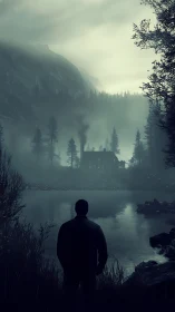 Solitary figure observing lakeside cabin in misty valley.