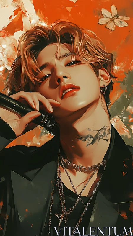 Velvet-voiced idol beneath autumn embers of spotlighted swagger.