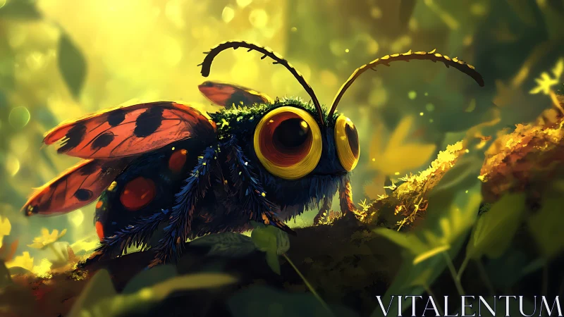 Colorful stylized insect with large eyes in forest light.