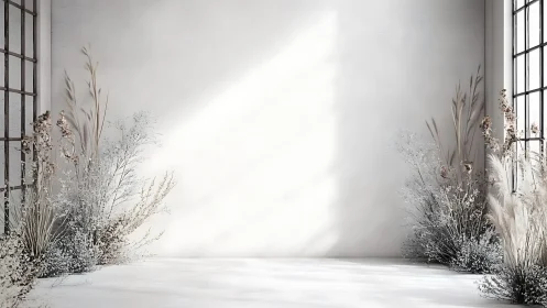 Minimalist white room holds dried grasses and soft daylight
