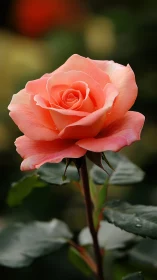 Soft coral rose blossom in sharp garden close-up.
