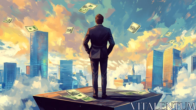 Digital painting of executive over cityscape and floating money.