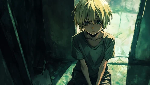 Backlit blond child in dilapidated doorway with high contrast lighting